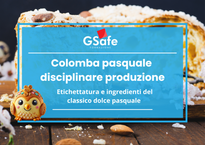 Colomba di Pasqua con glassa e mandorle, accompagnata da un'infografica del Gruppo Ge.Ma. sulla normativa di produzione ed etichettatura del dolce tradizionale