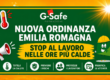 Grafica informativa realizzata da G-Safe Formazione dedicata all'Ordinanza caldo Emilia-Romagna 2026. L'immagine evidenzia il divieto di svolgere attività lavorative nelle ore più calde nelle giornate a rischio elevato, misura introdotta per tutelare la salute dei lavoratori esposti al caldo estremo. Il provvedimento interessa settori come edilizia, agricoltura, logistica, florovivaismo e consegne, promuovendo la prevenzione del rischio da stress termico, la protezione dei lavoratori e una migliore pianificazione delle attività.