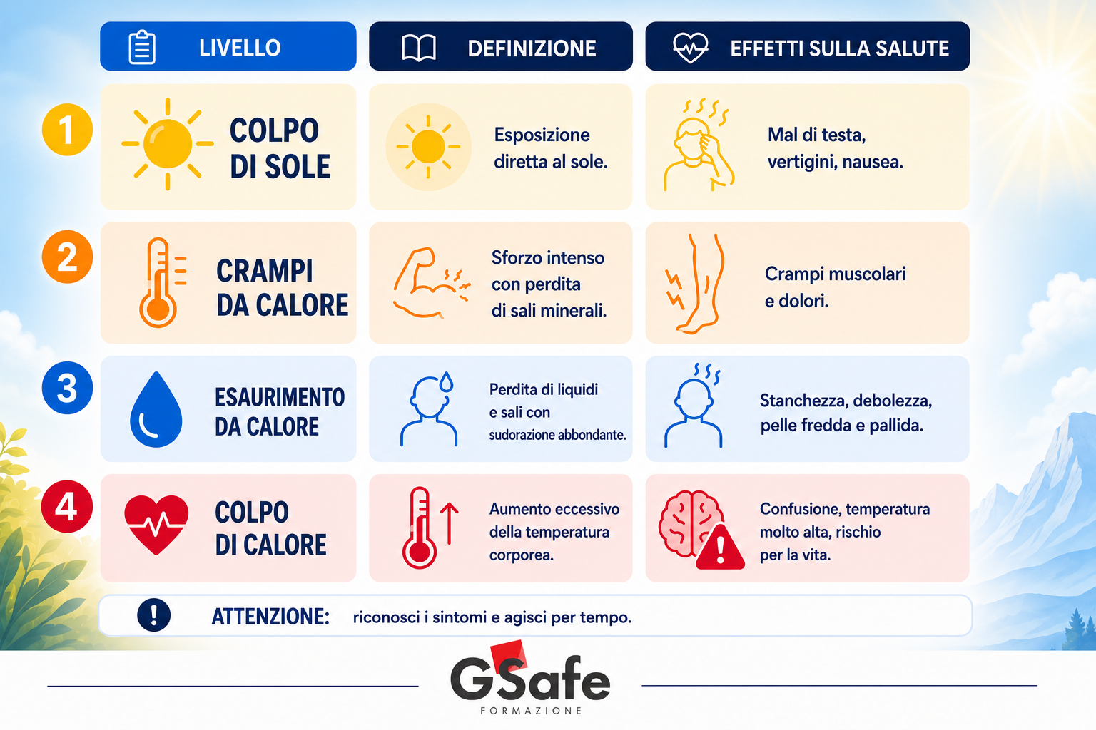 Infografica realizzata da GSafe Formazione che illustra i quattro livelli di rischio legati al caldo estremo nei luoghi di lavoro: colpo di sole, crampi da calore, esaurimento da calore e colpo di calore. L'immagine accompagna l'articolo dedicato all'Ordinanza della Regione Emilia-Romagna 2026, che introduce misure di prevenzione e la sospensione delle attività lavorative nelle ore più calde durante le giornate a rischio elevato, con l'obiettivo di tutelare la salute dei lavoratori esposti alle alte temperature.