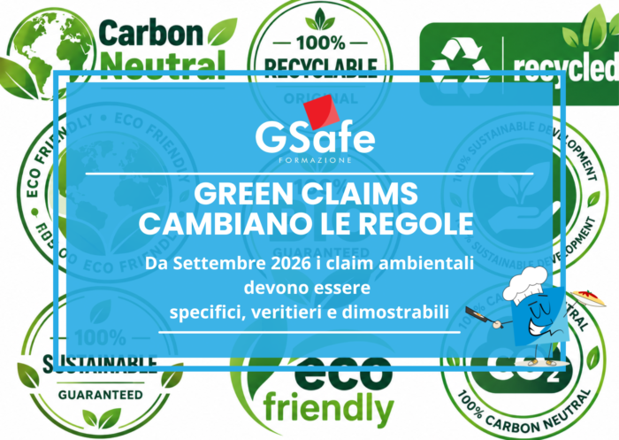 Green Claims 2026: nuove regole contro il greenwashing da settembre 2026, con obbligo di dichiarazioni ambientali specifiche, veritiere e dimostrabili. Infografica G-Safe Formazione.