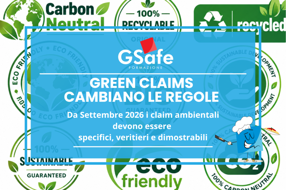 Green Claims 2026: nuove regole contro il greenwashing da settembre 2026, con obbligo di dichiarazioni ambientali specifiche, veritiere e dimostrabili. Infografica G-Safe Formazione.