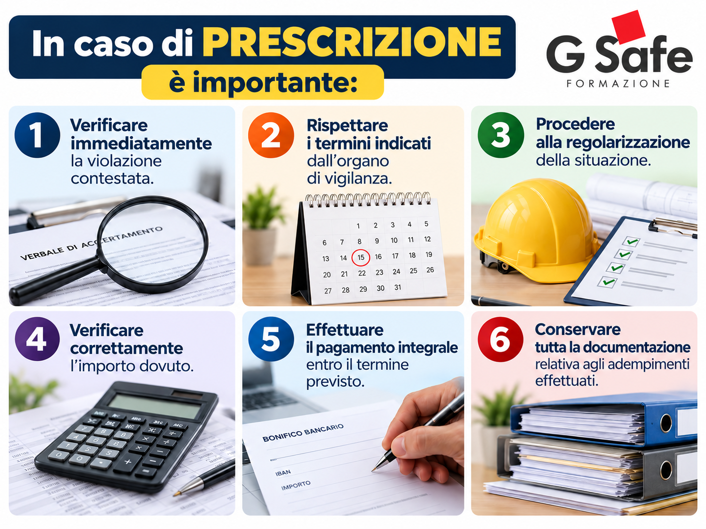 Infografica G-Safe Formazione sui principali adempimenti in caso di prescrizione: verifica della violazione, rispetto dei termini, regolarizzazione, pagamento dell’importo dovuto e conservazione della documentazione.
